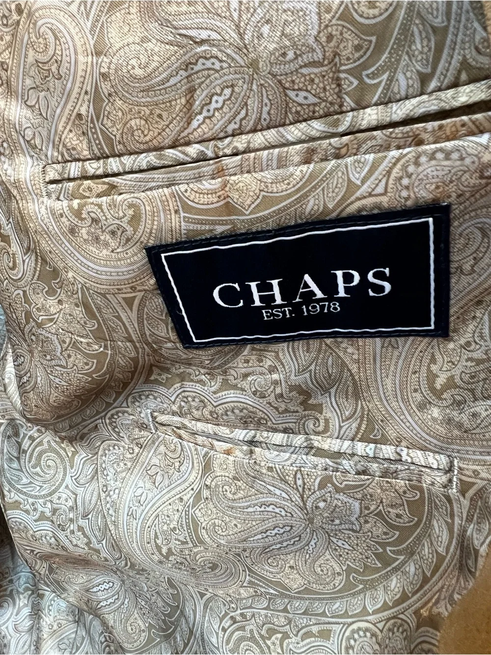 Chaps Faux Suede Blazer Mens Size 48L Camel Tan Paisley Lined Sport Coat